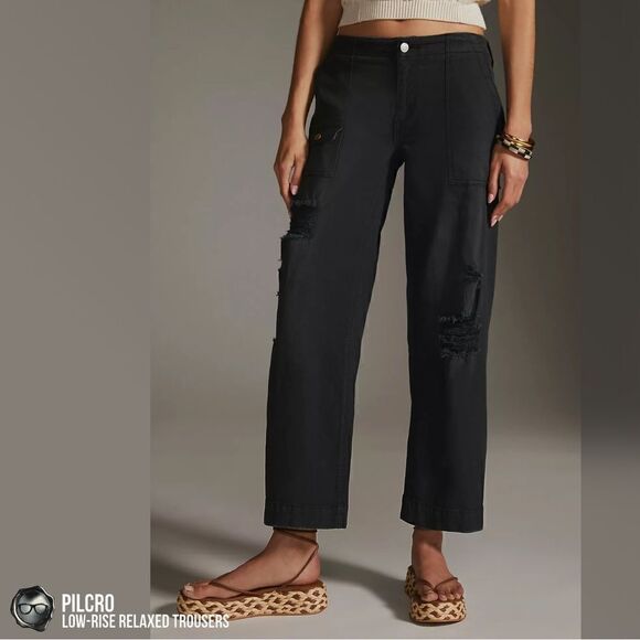 ANTHROPOLOGIE PILCRO WIDE LEG LOW-RISE RELAXED ANKLE LENGTH TROUSERS BLACK NEW - Picture 1 of 16